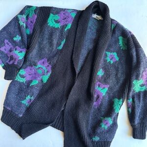 Vintage 80s Michael Carol Floral Knit Oversized Wool Cardigan